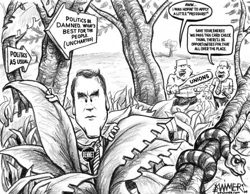 Cartoon: Bennets Path Least Taken (medium) by karlwimer tagged bennet,senate,senator,us,unions,labor,business,efca,card,check,politics,jungle