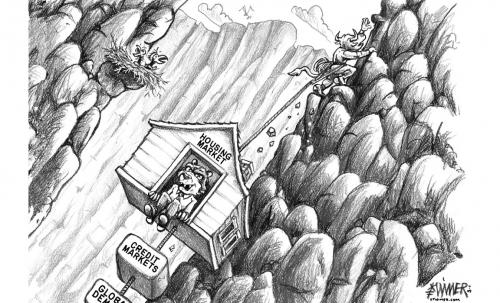 Cartoon: Bull Climb (medium) by karlwimer tagged stockmarket,bear,bull,housing,credit,us,canyon,cliff,climb