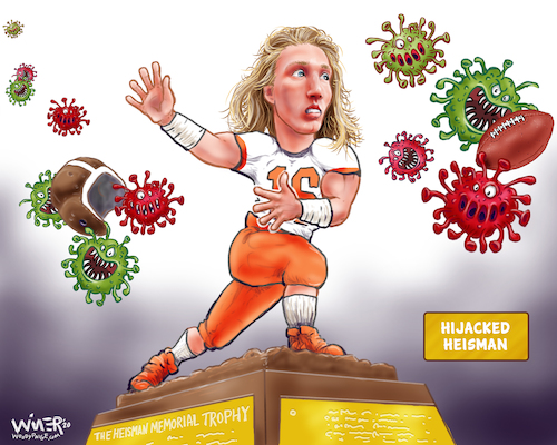 Cartoon: Covid Hijacked Football Heisman (medium) by karlwimer tagged american,football,us,college,clemson,university,trevor,lawrence,covid,coronavirus,sports,heisman