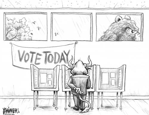 Cartoon: Crossed Fingers Vote (medium) by karlwimer tagged bear,bull,stockmarket,us,election,obama,mccain,uncertainty,president