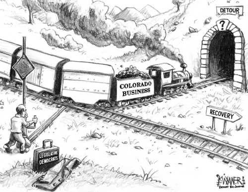 Cartoon: Detour to Recovery (medium) by karlwimer tagged business,economics,economy,colorado,us,train,switch,tunnel,recovery,taxes,democrats,republicans
