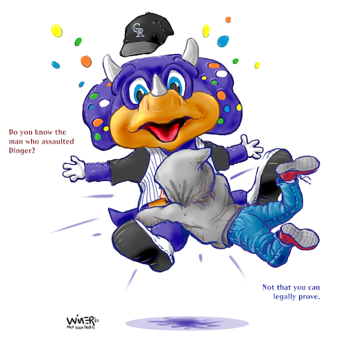 Cartoon: Dinger Mascot Blown Up (medium) by karlwimer tagged colorado,rockies,baseball,mlb,dinger,mascot,sports,cartoon,tackle