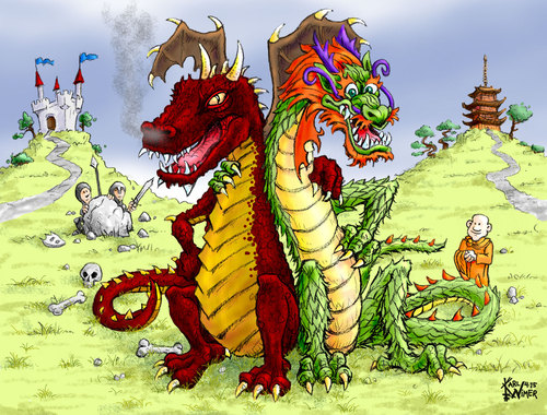 Cartoon: East West Dragons (medium) by karlwimer tagged dragons,east,west,china