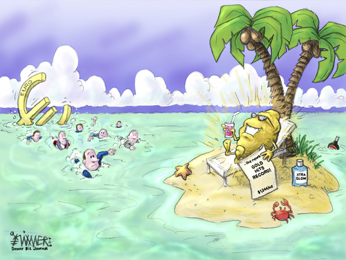 Cartoon: Gold Refuge (medium) by karlwimer tagged gold,economy,business,bank,central,euro,island,nugget,ship,market