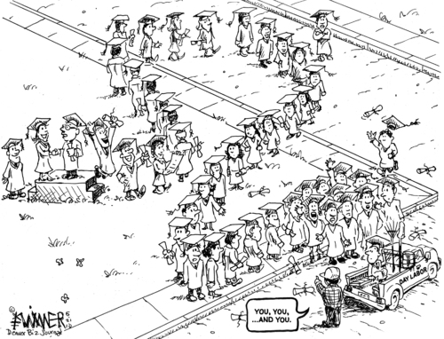 Cartoon: Graduation Day Labor (medium) by karlwimer tagged graduation,us,jobs,unemployment,labor,day,economy,business