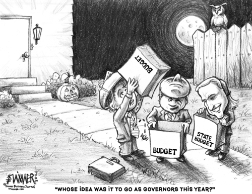 Cartoon: Halloween Budgets (medium) by karlwimer tagged governor,colorado,ritter,business,government,politics,halloween,costumes