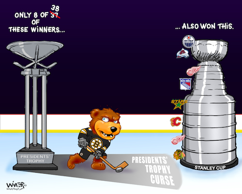 Cartoon: Hockey Curse Strikes Again (medium) by karlwimer tagged sports,cartoon,illustration,nhl,ice,hockey,boston,bruins,champtionship,playoffs,upset,stanley,cup,presidents,trophy