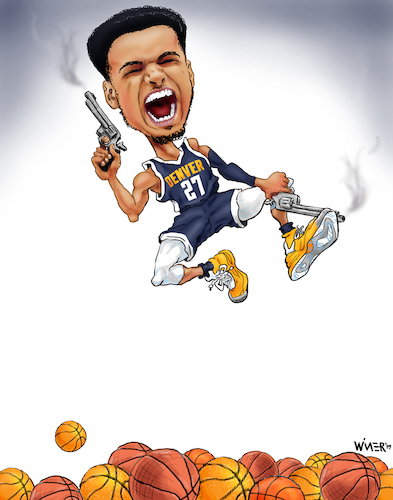 Cartoon: Jamal Murray Nugget Sharpshooter (medium) by karlwimer tagged denver,nuggets,nba,basketball,sports,sharpshooter,blue,arrow