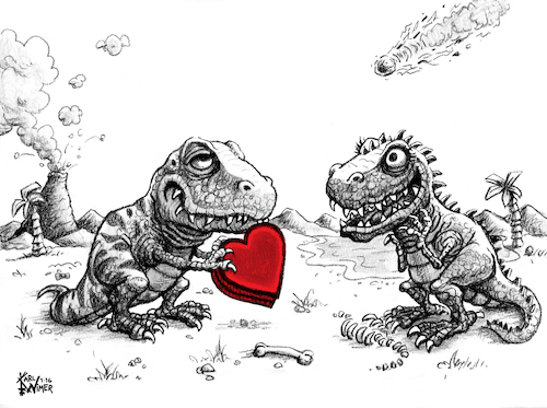 Cartoon: Jurassic Love Dinosaur Valentine (medium) by karlwimer tagged dinosaur,valentine,jurassic,love,meteor,tyrannosaurus,heart