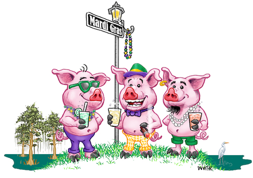 Cartoon: Mardi Gras Three Little Pigs (medium) by karlwimer tagged mardi,gras,three,little,pigs,karl,wimer,new,orleans