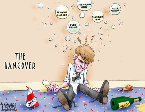 Cartoon: New Years Hangover (medium) by karlwimer tagged newyears,business,hangover,bubbles,unemployment,euro,crisis,housing,market,mayan