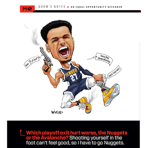 Cartoon: Nuggets Shoot Own Feet (medium) by karlwimer tagged basketball,denver,nuggets,jamal,murray,nba,playoffs,shoot,foot