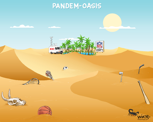 Cartoon: Pandem-Oasis (medium) by karlwimer tagged wimer,sports,pandemic,coronavirus,football,nfl,draft,desert,oasis