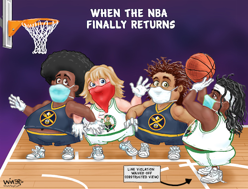 Cartoon: Post Pandemic NBA (medium) by karlwimer tagged nba,basketball,nuggets,celtics,usa,coronavirus,covid,pandemic
