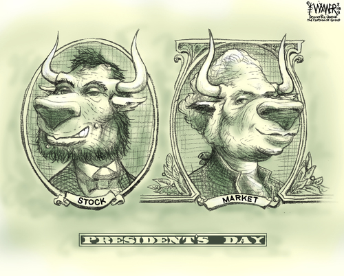 Cartoon: Presidents Day (medium) by karlwimer tagged business,economy,stockmarket,market,bull,usa,america,presidents,washington,lincoln,money