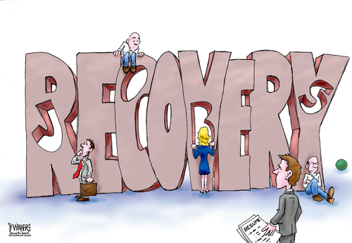 Cartoon: Recovery minus jobs (medium) by karlwimer tagged jobs,economy,business,usa,recovery,work,employment