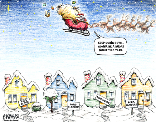 Cartoon: Santa Short Trip (medium) by karlwimer tagged santa,christmas,xmas,sleigh,foreclosure,housing,toys,reindeer,economy,business