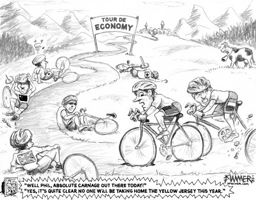 Cartoon: Tour de Economy (medium) by karlwimer tagged bike,cycling,tour,economy,business,wreck,crash,yellow,jersey,world