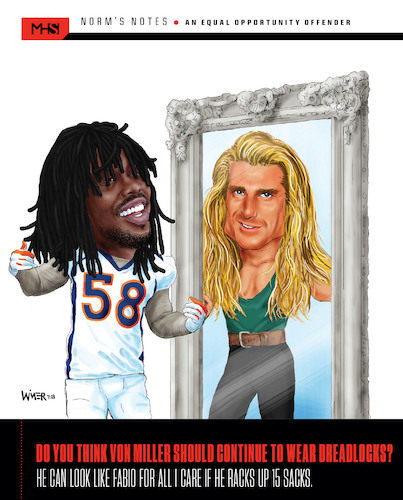 Cartoon: Von Miller goes Fabio (medium) by karlwimer tagged von,miller,denver,broncos,fabio,nfl,football