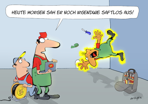 Cartoon: saftlos (medium) by droigks tagged stromunfall,stromschlag,elektriker,steckdose,droigks,gefahr,spannung,wechselstrom,herzrhythmusstörungen,kammerflimmern,verbrennung,strommarke,muskelkrampf,erstehilfe,notruf,herzstillstand,atemlähmung,kurzschluss,isolierung,elektroschock,kabeldefekt,sicherheit,hochspannung,niederspannung,durchströmung,unfallgefahr,stromunfall,stromschlag,elektriker,steckdose,droigks,gefahr,spannung,wechselstrom,herzrhythmusstörungen,kammerflimmern,verbrennung,strommarke,muskelkrampf,erstehilfe,notruf,herzstillstand,atemlähmung,kurzschluss,isolierung,elektroschock,kabeldefekt,sicherheit,hochspannung,niederspannung,durchströmung,unfallgefahr
