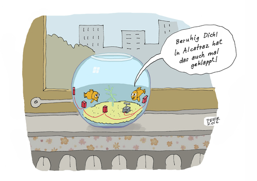 Cartoon: Endlich frei (medium) by darkplanet tagged goldfisch,aquarium,freiheit,knast,wasser,fenster,gefängnis,goldfisch,aquarium,freiheit,knast,wasser,fenster,gefängnis