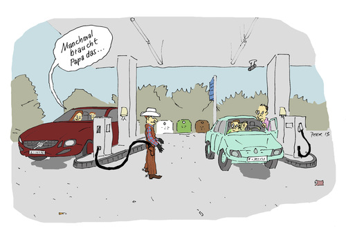 Cartoon: Volvo Django (medium) by darkplanet tagged tankstelle,vati,mutti,kind,auto,tanken,benzin,pistole,cowboy