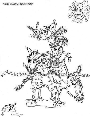 Cartoon: die stadtunbekannten (medium) by XombieLarry tagged bremen,stadtmusikanten,grimm,esel,katze,hund,hahn,cat,dog