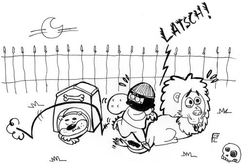Cartoon: vorletzte geräusche -latsch- (medium) by XombieLarry tagged dieb,löwe,hund,dog,lion,thief