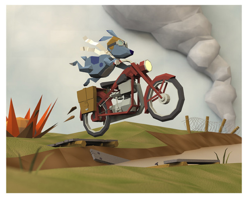 Cartoon: Crossing No Mans Land (medium) by birdbee tagged 3d,lowpoly,messenger,motorcycle,war,dog