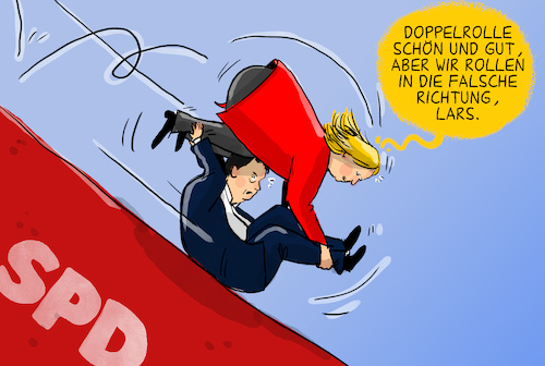 Cartoon: Doppelrolle (medium) by leopold maurer tagged doppelrolle,parteivorsitz,vizekanzler,klingbeil,bas,jusos,kritik,wahlniederlagen,umfragen,tief,personaldebatte,koalition,regierung,wähler,spd,leopold,maurer,karikatur,cartoon,doppelrolle,parteivorsitz,vizekanzler,klingbeil,bas,jusos,kritik,wahlniederlagen,umfragen,tief,personaldebatte,koalition,regierung,wähler,spd,leopold,maurer,karikatur,cartoon