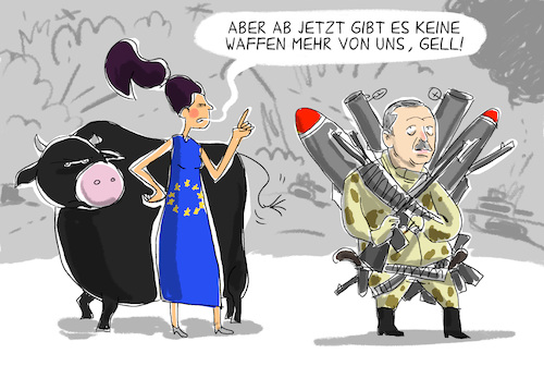 Cartoon: EU waffenstop türkei (medium) by leopold maurer tagged eu,türkei,nordsyrien,waffenstop,konflikt,erdogan,eu,türkei,nordsyrien,waffenstop,konflikt,erdogan