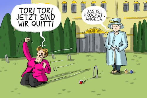 Cartoon: Merkels letzter Besuch bei Queen (medium) by leopold maurer tagged merkel,queen,england,königin,kanzlerin,besuch,letzter,großbrittanien,cricket,fußball,merkel,queen,england,königin,kanzlerin,besuch,letzter,großbrittanien,cricket,fußball