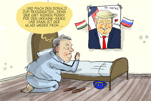 Cartoon: Orban und Trump (medium) by leopold maurer tagged orban,trump,donald,viktor,wahl,usa,penny,ukraine,krieg,wladimir,putin,russland,ungarn,eu,sanktionen,gebet,leopold,maurer,karikatur,cartoon,orban,trump,donald,viktor,wahl,usa,penny,ukraine,krieg,wladimir,putin,russland,ungarn,eu,sanktionen,gebet,leopold,maurer,karikatur,cartoon