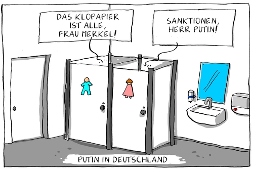 Cartoon: putin in deutschland (medium) by leopold maurer tagged staatsbesuch,sanktionen,eu,merkel,putin,russland,wc,staatsbesuch,putin,merkel,eu,sanktionen,russland,wc