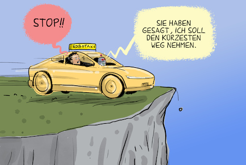 Cartoon: Robotaxi (medium) by leopold maurer tagged auto,cartoon,robotaxi,cybertaxi,tesla,musk,autonomes,fahren,ai,ki,roboter,abgrund,weg,navigator,kurz,umwege,leopold,maurer,karikatur,auto,cartoon,robotaxi,cybertaxi,tesla,musk,autonomes,fahren,ai,ki,roboter,abgrund,weg,navigator,kurz,umwege,leopold,maurer,karikatur