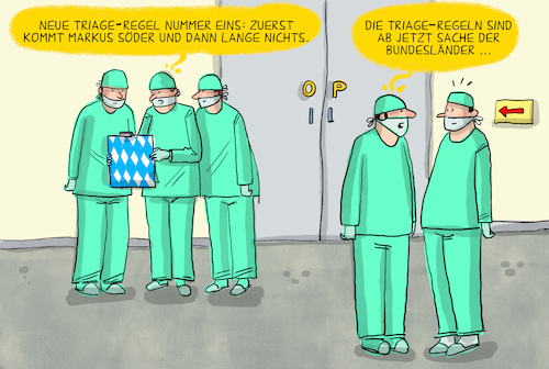 Cartoon: Triage Regelung (medium) by leopold maurer tagged triage,deutschland,gekippt,bundesländer,pandemie,ärzte,diskriminierung,bayern,söder,regeln,bundesverfassungsgericht,leopold,maurer,cartoon,karikatur,triage,deutschland,gekippt,bundesländer,pandemie,ärzte,diskriminierung,bayern,söder,regeln,bundesverfassungsgericht,leopold,maurer,cartoon,karikatur