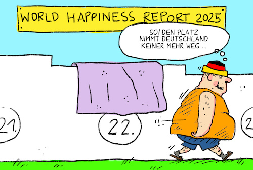 Cartoon: Weltglücksbericht 2025 (medium) by leopold maurer tagged weltgluecksbericht,2025,glueck,ranking,rangliste,deutschland,22,handtuch,reservieren,gluecklich,typisch,deutsch,gluecksgefuehl,reservierung,leopold,maurer,cartoon,karikatur,illustration,weltgluecksbericht,2025,glueck,ranking,rangliste,deutschland,22,handtuch,reservieren,gluecklich,typisch,deutsch,gluecksgefuehl,reservierung,leopold,maurer,cartoon,karikatur,illustration