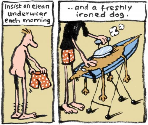 Cartoon: morning essentials (medium) by Ellis Nadler tagged dog,underwear,pants,polkadot,ironing,steam,board,naked,bum