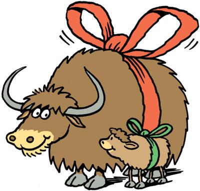 Cartoon: The Gift of Yaks (medium) by Ellis Nadler tagged yak,cattle,mother,baby,calf,cow,horns,ribbon,gift,smile,shaggy