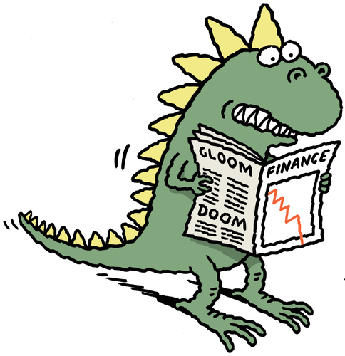 Cartoon: Worried dinosaur investor (medium) by Ellis Nadler tagged dinosaur,monster,tyrannosaurus,rex,doom,gloom,finance,news,newspaper,graph,loss,crash,stock,market,crisis,debt,deficit,exchange,depression,recession