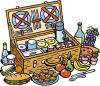 Cartoon: Food hamper (small) by Ellis Nadler tagged food,hamper,plates,cutlery,basket,picnic,fruit,vegetables,drink,bottle,sandwich