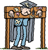 Cartoon: Teacher in pillory (small) by Ellis Nadler tagged teacher,pillory,stocks,punishment,headmaster,professor,mortarboard,gown,humiliation,frown,egg,tomato,school