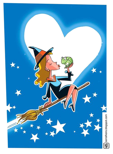 Cartoon: witch (medium) by serralheiro tagged stars,heart,moon,frog,kiss,witch