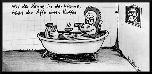 Cartoon: Affenkaffee (medium) by timfuzius tagged affe,kaffee,wanne,kanne,bad,trinken,heiss,zoo