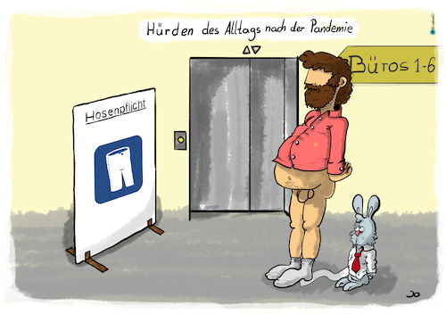 Cartoon: Alltag nach der Pandemie (medium) by Grikewilli tagged kollegen,pandemie,corona,covid,covid19,alltag,social,distancing,homeoffice,arbeit,schlips,haare,hose,büro,ausgangsperre,maskenpflicht,hosenplicht,maske,alltagsmaske,verhalten,berufsleben,chef,verbot,richtlinie,abstand