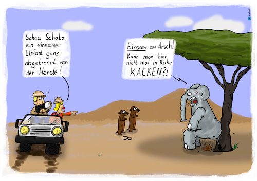 Cartoon: Einsam - am Arsch (medium) by Grikewilli tagged safari,elefant,steppe,wüste,erdmännchen,einsam,ruhe,kacken,stuhl,fotos,stille,örtchen,tiere,natur,publikum