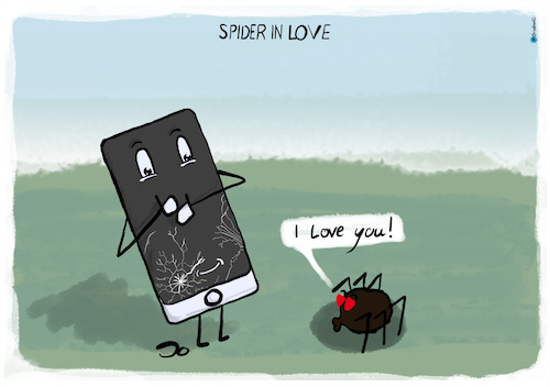 Cartoon: Spider in Love (medium) by Grikewilli tagged spider,love,spinne,tec,spidermanapp,app,spinnennetz,handy,smartphone,display,riss,sprung,kratzer,kaputt,scratch,broken,phone,liebe,telefon