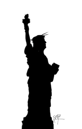 Cartoon: Donald Trump Statue of Liberty (medium) by Clemens_Ratte-Polle tagged trump,donald,liberty,statue,politics,politik,usa,america,great,shout,fakenews,democracy,trumpocracy