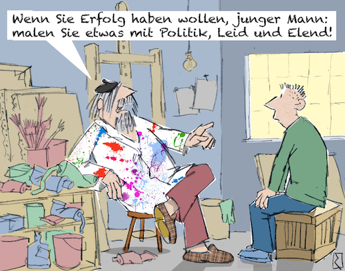 Cartoon: Künstler (medium) by Jan Rieckhoff tagged kunst,künstler,malerei,bilder,pinsel,farbe,leinwand,motiv,thema,sujet,rat,empfehlung,tipp,nachwuchs,kollege,erfolg,berühmtheit,politik,leid,elend,krieg,negativ,weltlage,anspruchsvoll,karriere,witz,cartoon,comic,karikatur,humor,satire,lachen,jan,rieckhoff,kunst,künstler,malerei,bilder,pinsel,farbe,leinwand,motiv,thema,sujet,rat,empfehlung,tipp,nachwuchs,kollege,erfolg,berühmtheit,politik,leid,elend,krieg,negativ,weltlage,anspruchsvoll,karriere,witz,cartoon,comic,karikatur,humor,satire,lachen,jan,rieckhoff