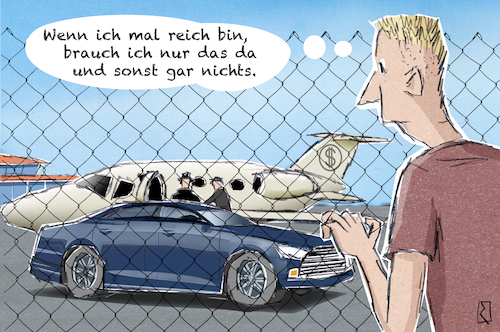 Cartoon: Privatjet und Auto (medium) by Jan Rieckhoff tagged auto,luxuswagen,dienstwagen,eigentum,chauffeur,oberklasse,verkehr,jet,privatjet,düsenjet,flugzeug,flieger,privatflugzeug,privilegiert,reich,superreich,reichtum,millionär,milliardär,millionen,milliarden,euro,geld,geldanlage,aktien,oberschicht,gewinn,vermögen,besitz,besitzen,traum,träumen,wunschtraum,vorstellung,vorstellen,fantasie,ausmalen,cartoon,comic,witz,karikatur,humor,jan,rieckhoff,auto,luxuswagen,dienstwagen,eigentum,chauffeur,oberklasse,verkehr,jet,privatjet,düsenjet,flugzeug,flieger,privatflugzeug,privilegiert,reich,superreich,reichtum,millionär,milliardär,millionen,milliarden,euro,geld,geldanlage,aktien,oberschicht,gewinn,vermögen,besitz,besitzen,traum,träumen,wunschtraum,vorstellung,vorstellen,fantasie,ausmalen,cartoon,comic,witz,karikatur,humor,jan,rieckhoff